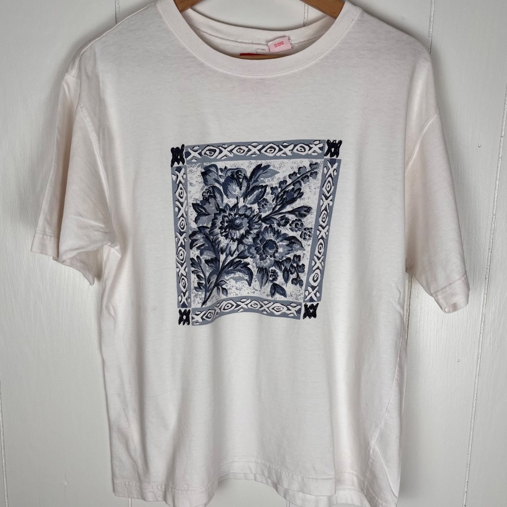 Vintage 90s Liz‎ & Co T-shirt M Floral Blue Minimalist Cottagecore Coastal USA